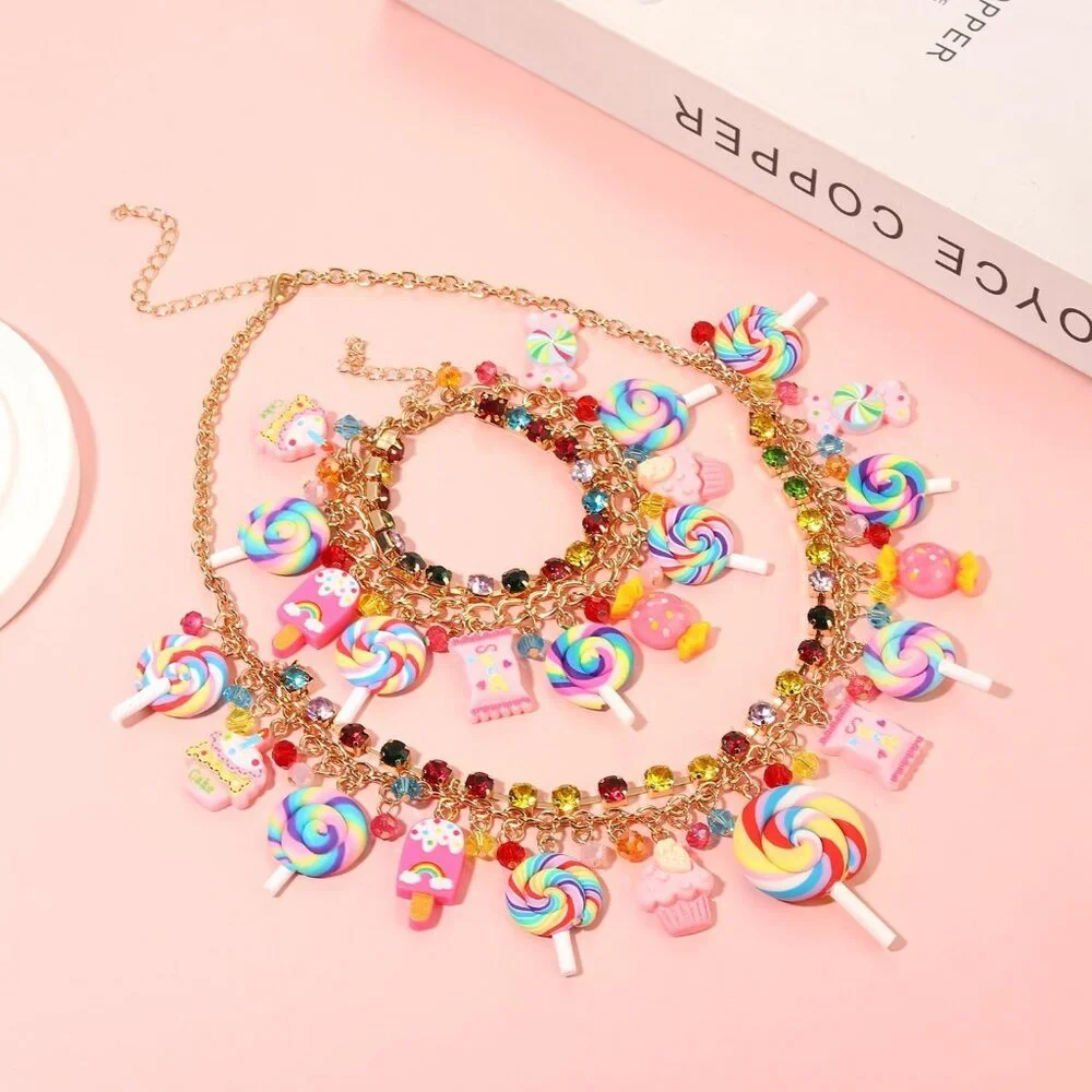 Candy Jewelry Set Alloy Crystal Lollipop Pendant Necklace Bangle for Women - Picture 2 of 6